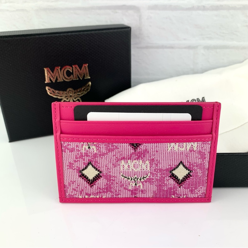 NEW! MCM Pink Vintage Jacquard Monogram Visetos Leather Card Case Holder